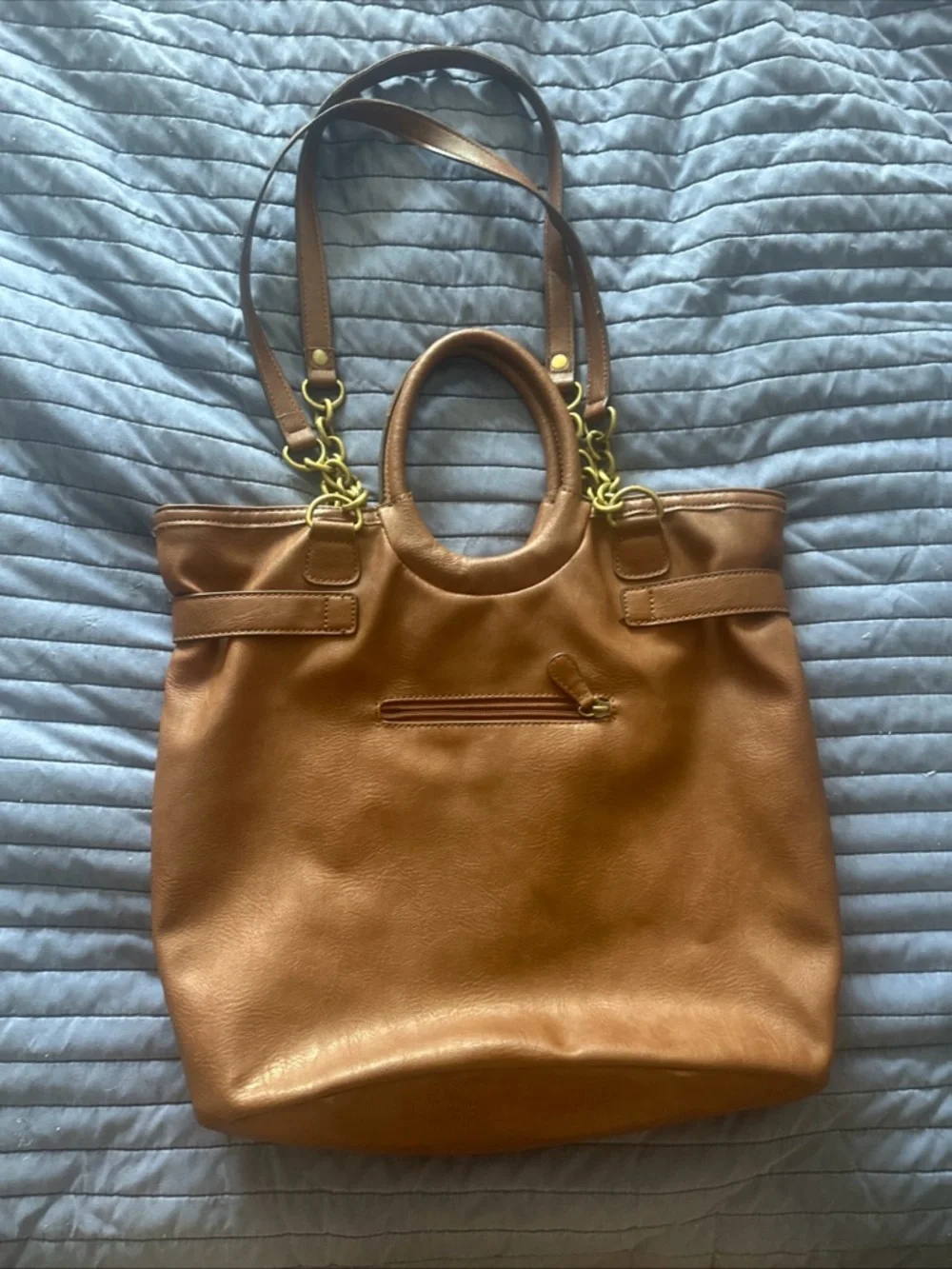Nicole Miller Brown Woven‎ Front Tote with Gold Plaque